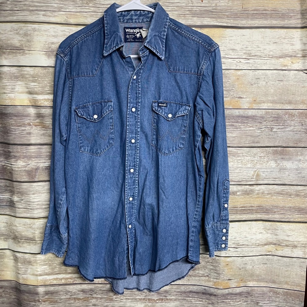 Wrangler Mens Western Denim Pearl Snap Shirt Made in USA Blue 15.5 x 32 70127MW